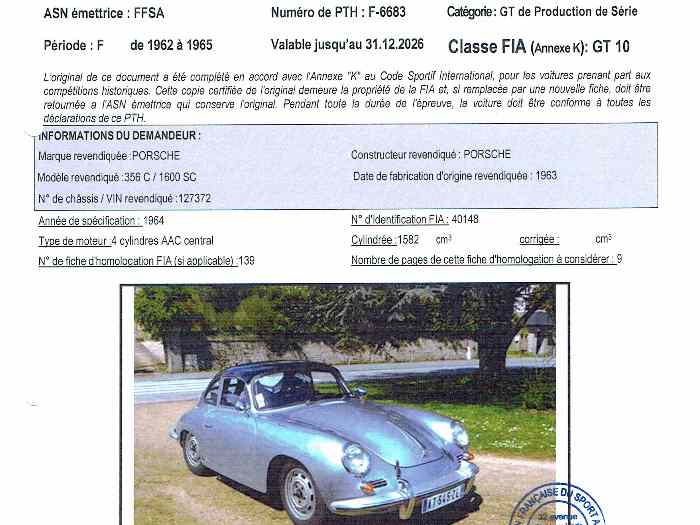 PORSCHE 356 SC 1964 avec PTH FIA VHC 1