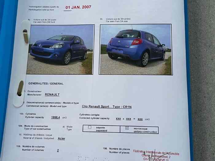 Fiche d’homologation clio 3 rs A-5704 0