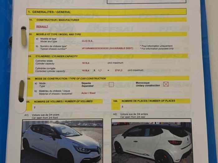 Vrai Fiche d’Homologation Clio R3T, RC5, RC4 2