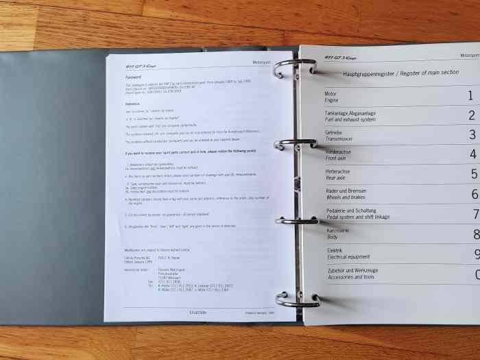 CLASSEUR PORSCHE MOTORSPORT DE PIECES DETACHEES PORSCHE 911 GT3 CUP 1999 2