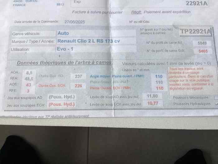 Arbres à came clio rs techniprofil