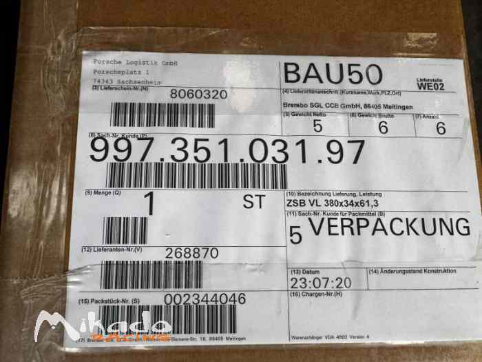 Paire de disques de freins ceramique neufs Porsche 997 5