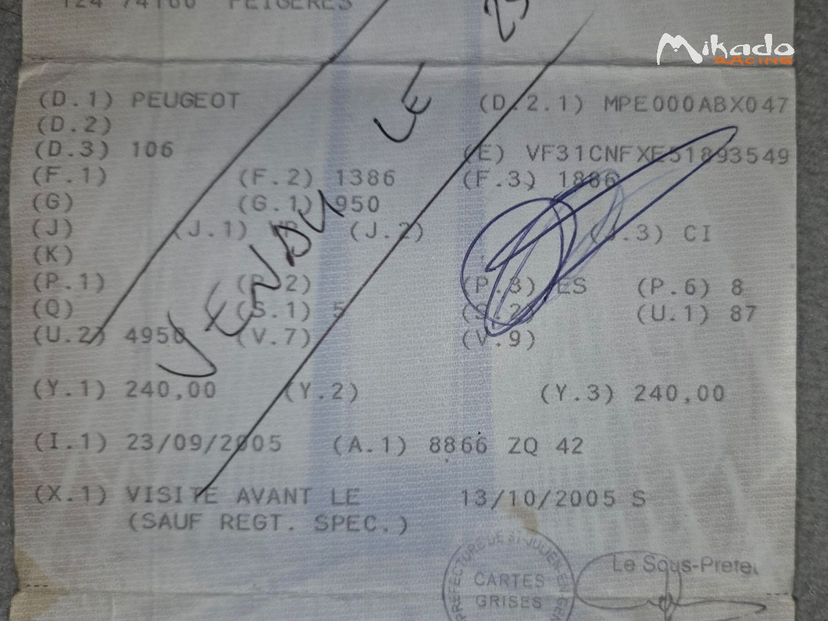 Carte grise 106 s16 et plaque identification – photo 2 sur 3